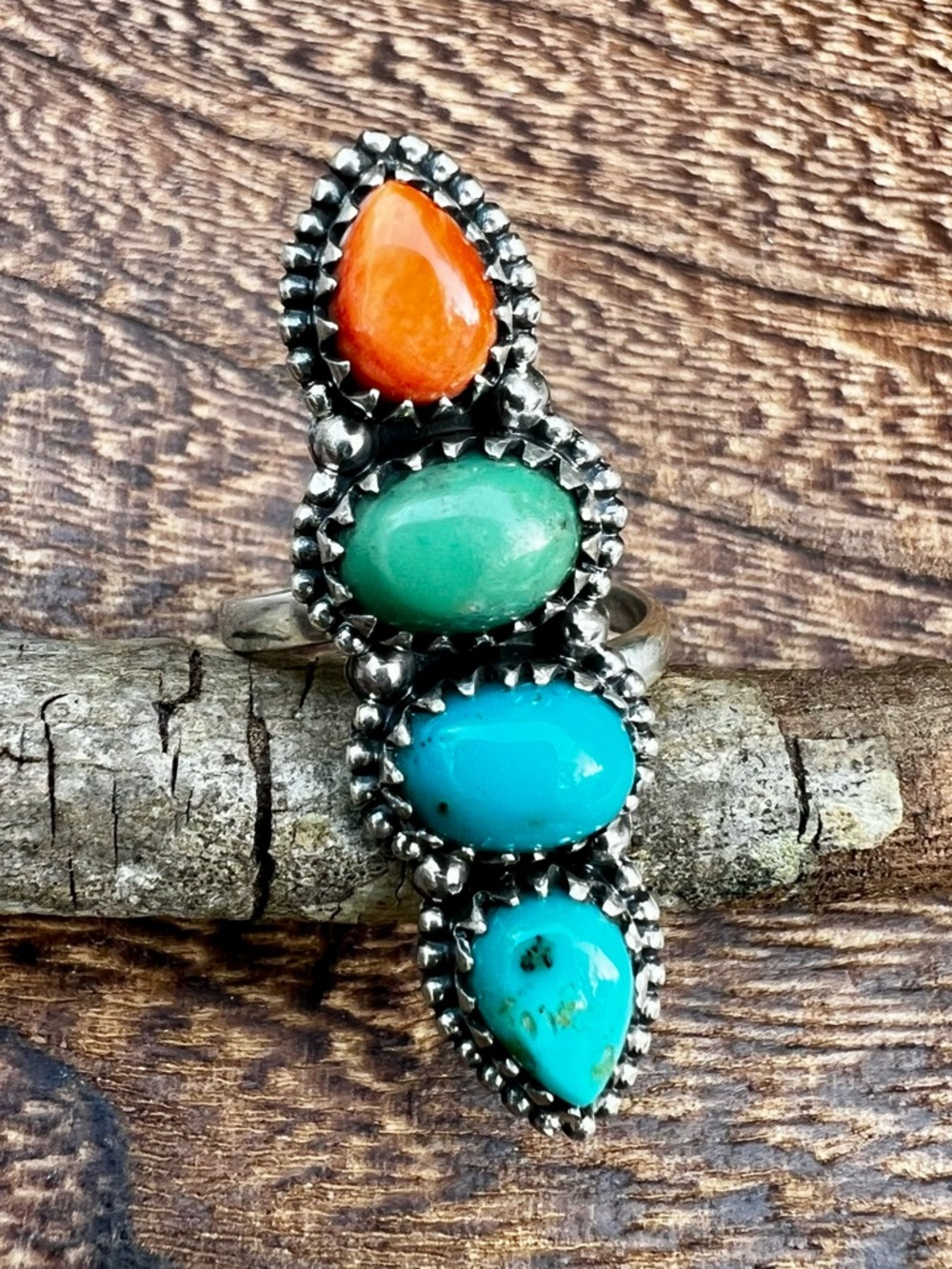 Multi Stone Turquoise Spiny Oyster Ring Sterling Silver Size 8.5 Statement